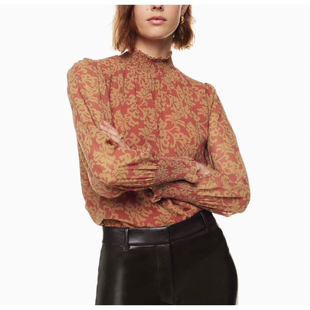 Aritzia Wilfred Valencia Rosy Red Maplewood Mock Neck Puff Sleeve Blouse XS - Picture 1 of 10